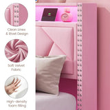 MSmask Twin Bed Frames with LED Lights, Storage Headboard with Charging Station, Drawers, Upholstered Bed Twin Size with Solid Wood Slat, No Box Spring Needed, Easy Assembly, Pink MSmask