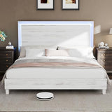LUXOAK King Size Wood Bed Frame with RGBW LED Light, Mid-Century Modern Platform Bed with Floating Headboard and Solid Wood Legs, No Box Spring Needed, Easy Assembly, Distressed White LUXOAK