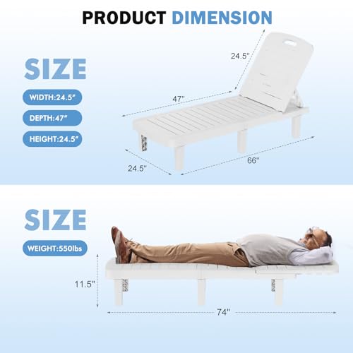 WACASA Outdoor Chaise Lounge Chairs Set of 4, Oversized Resin Lounge Chairs with 5-Level Adjustable Backrest & Cup Holder, Waterproof Pool Lounge Chair for Poolside, Patio, Beach, Yard, White