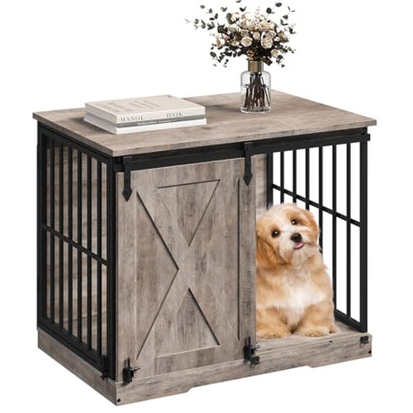 MAHNACRIS 31.5" Farmhouse Dog Crate Furniture with Barn Door, Heavy Duty Dog Kennel for Small Medium Dogs, Wooden Dog Cage End Table, Decorative Pet House, Chew Resistant, Greige DCHG8001 MAHANCRIS
