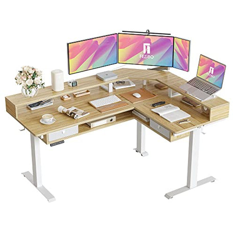 FEZIBO 63"x49" L Shaped Standing Desk with LED Strip & 2 Drawers, Upper and Lower Storage Shelves Available, Electric Height Adjustable, for Gaming, Office, Natural FEZIBO