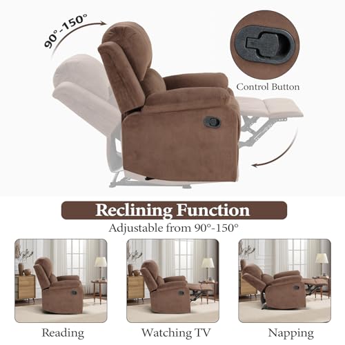 EBELLO Classic Manual Recliner Chair, Soft Microfiber Recliner Sofa with Overstuffed Arms and Back Single Reclining Couch for Living Room, Bedroom, Brown