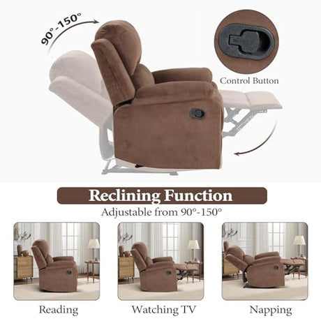EBELLO Classic Manual Recliner Chair, Soft Microfiber Recliner Sofa with Overstuffed Arms and Back Single Reclining Couch for Living Room, Bedroom, Brown EBELLO