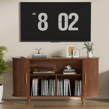 Hretanant Vinyl Record Player Stand with LED Lights & Charging Station, Large Record Holdert with Sliding Door for Turntable, Speakers, Modern Media Cabinet for Living Room Bedroom (Walnut, 55in) Hretanant