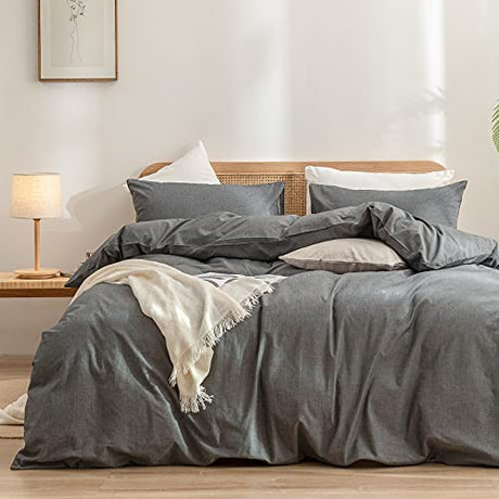 BESTOUCH Duvet Cover Set 100% Washed Cotton Linen Feel Super Soft Comfortable Chic Lightweight 2 PCs Home Bedding Set Solid Dark Grey Twin/Twin XL BESTOUCH