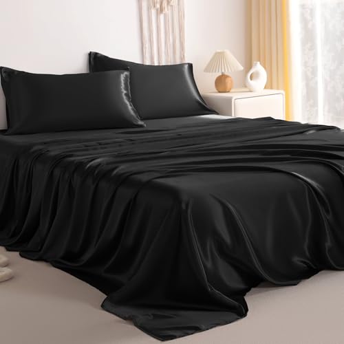 NTBAY Silk Satin Queen Sheet Set, 4-Piece Luxury and Soft Bedding Set Cooling Silky Sheets for Hair and Skin, Includes 2 Pillowcases, 1 Flat Sheet, 1 Fitted Sheet with Deep Pocket, Black NTBAY