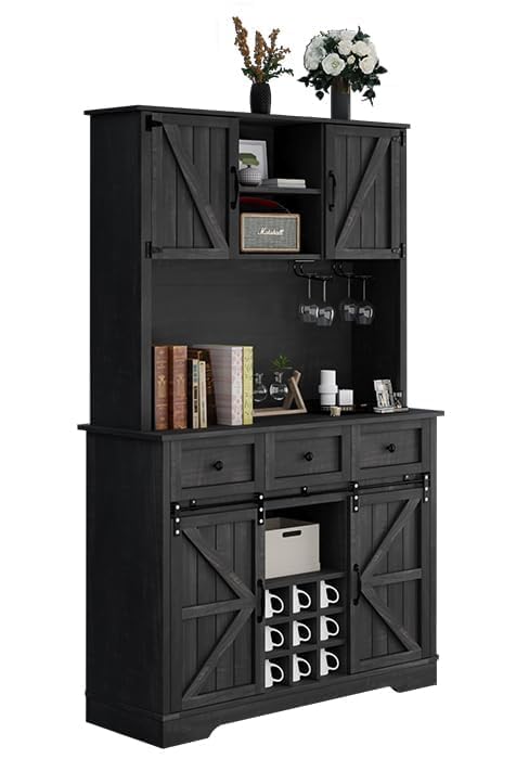 Kitchen Pantry Cabinet with Storage, 72'' Buffet Cabinet with Sliding Barn Doors, Farmhouse Coffee Bar Cabinet with 3 Drawers, Kitchen Pantry with Storage & Wine Rack for Dining Room, Dark Rustic Oak 4 EVER WINNER