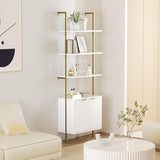 Set of 2 Ladder Bookshelf with Cabinet, 71" Tall Bookcase with Shelves & Storage, Fluted Ladder Shelf with Metal Frame, 6-Tier Display Rack for Living/Bedroom, Home & Office, White & Gold FiveWillowise