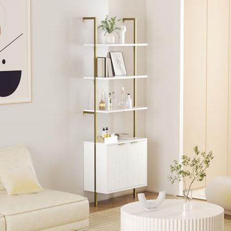 Set of 2 Ladder Bookshelf with Cabinet, 71" Tall Bookcase with Shelves & Storage, Fluted Ladder Shelf with Metal Frame, 6-Tier Display Rack for Living/Bedroom, Home & Office, White & Gold FiveWillowise