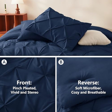 CozyLux Queen Comforter Set Navy Blue, 7 Pieces Pintuck Bed in A Bag, Premium Blue Comforter Queen Size, Pinch Pleat Bedding Sets with Comforter, Sheets, Pillowcases & Shams CozyLux