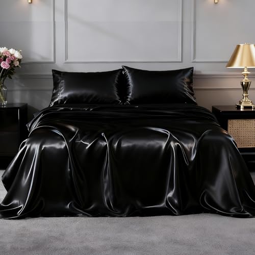 FreshCulture Satin Sheets Queen Size Bed Set- 4 Piece Luxury Soft Silky Queen Sheet Set, Similar to Silk Bed Sheets with 1 Deep Pocket Fitted Sheet, 1 Flat Sheet & 2 Pillowcases (Black) FreshCulture