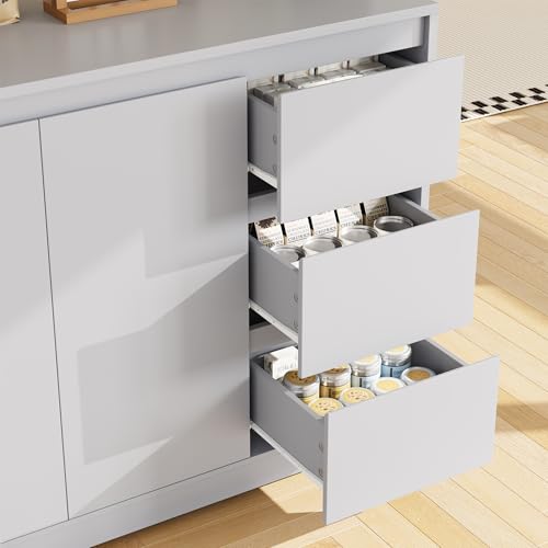 Finetones 71" Modern Grey Kitchen Pantry Cabinet with LED Lighting and Charging Station - WoodArtSupply