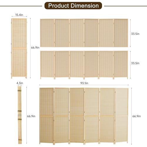 Duraspace 6 Panel Bamboo Room Divider, 5.6ft Tall Folding Privacy Screen for Room Separation and Portable Freestanding Wall Partition, Sturdy Double Hinge Folding Screen DURASPACE