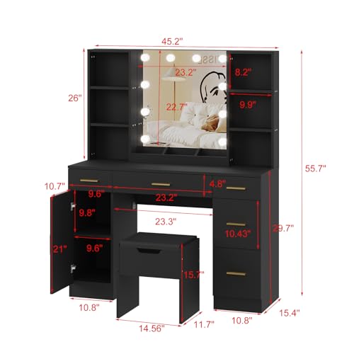 HobbyField 56’’ Makeup Vanity Desk with Mirror and LED Lights,Modern Dressing Table with Drawers & Adjustable Shelves, Makeup Table Set with Power Outlet，Cushioned Stool for Bedroom(Black) HobbyField