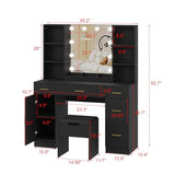 HobbyField 56’’ Makeup Vanity Desk with Mirror and LED Lights,Modern Dressing Table with Drawers & Adjustable Shelves, Makeup Table Set with Power Outlet，Cushioned Stool for Bedroom(Black) HobbyField