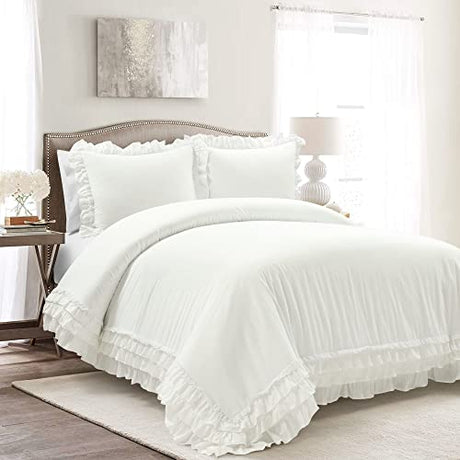 Lush Decor Ella Ruffle Lace 100% Cotton Duvet Cover, 3 Piece Set, Full/Queen, White - Cute Comforter - Queen Bedding Set - White Bedding Full Size - Coquette Decor - Neutral Lace Trim - Ruffle Trim Lush Decor