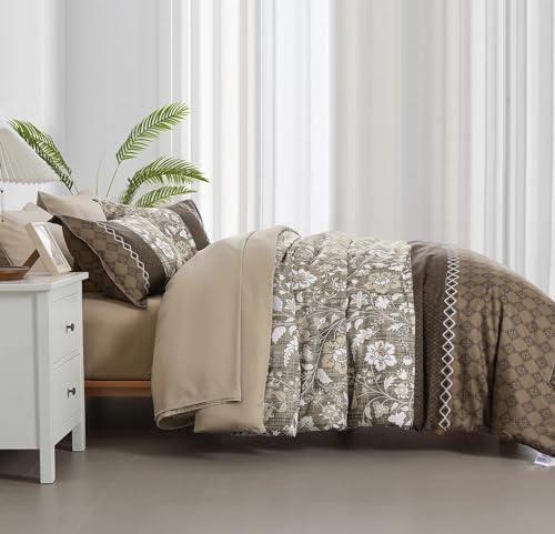 WONGS BEDDING Brown Comforter Set Queen, 7 Pieces Bed in a Bag Floral Patchwork Soft Microfiber Queen Sheet Set with Comforter, Flat Sheet, Fitted Sheet, Pillow Shams,Pillowcases WONGS BEDDING