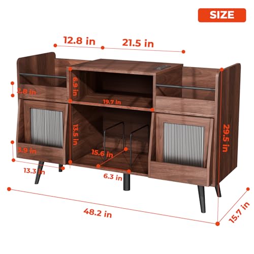 Loomie XL Record Player Stand,Turntable Stand Shelf with with Power Outlet and LED Light,Vinyl Record Storage Cabinet Up to 500 Albums, Wood Record Player Holder Table for Living Room Loomie
