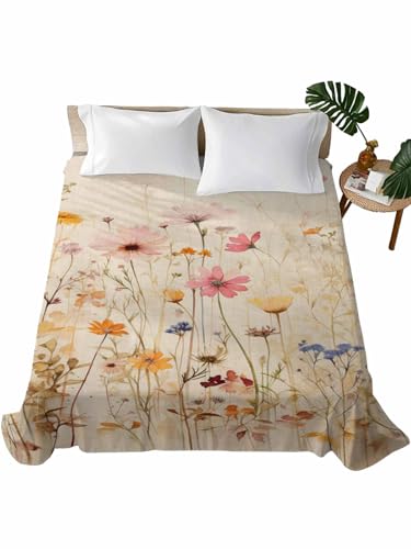 King Size Flat Bed Sheet, Botanical Flower Microfiber Brushed Single Flat Sheet Only, Retro Colored Spring Floral Herb Soft & Breathable Top Sheet Lightweight Quilt Hotel Luxury Bedding for Women Men ZOE GARDEN
