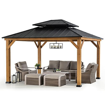 Sunjoy 11 x 13 ft. Wood Gazebo Cedar Framed Gaezbos with Black Double Steel Hardtop Roof for Garden, Backyard Shade, Matte Black Roof + Natural Wood Frame