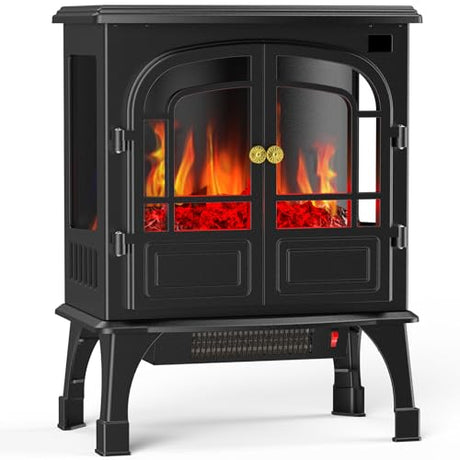Sweetcrispy Freestanding Electric Fireplace Heater, 26”Two Door Fireplace with 3D Flame Effect, Overheating Safe Design, Energy Saving Space Heater with 12H Timer&Remote for Living Room, Bedroom,Black Sweetcrispy