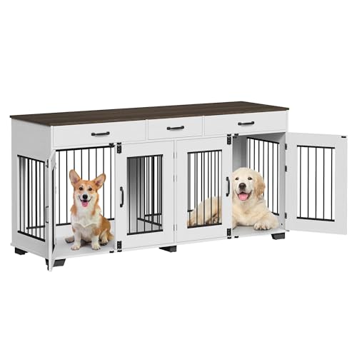 71'' Double Dog Crate Furniture, Large Dog Kennel Indoor with 3 Storage Drawers and Removable Divider for 2 Dogs, Heavy Duty Decorative Dog House TV Stand Side Table for Medium Large Dogs, White IDEALHOUSE