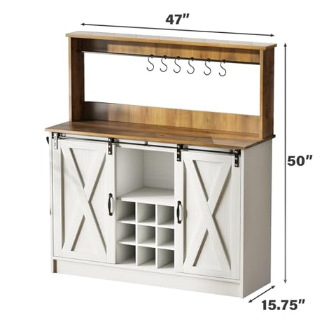 4ever2buy Farmhouse Coffee Bar Cabinet with 6 Hooks, 47'' Kitchen Coffee Bar with Hutch and 9 Wink Racks, White Coffee Bar Table with Sliding Barn Door for Dining Living Room 4ever2buy