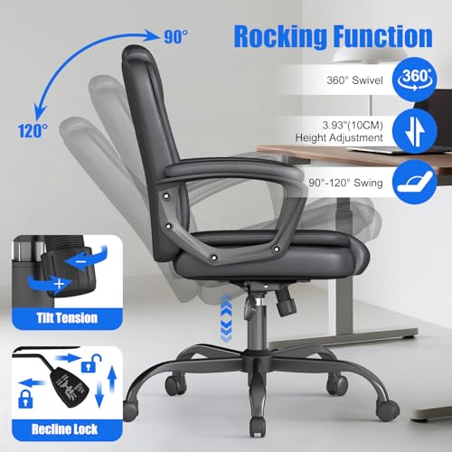 Keratee Executive Office Chair, Leather Desk Computer Chair with Padded Armrests, Mid-Back Swivel Adjustable Ergonomic Design for Home Office, 1PC, Black Keratee