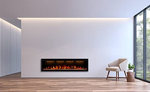 Masarflame Luxurious 60" Electric Fireplace, Wall Mounted&in Wall Recessed Fireplace Heater, Adjustable Flame Color & Top Light, Remote&Touch Control with Timer&Thermostat, Log & Crystal Set