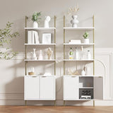 Set of 2 Ladder Bookshelf with Cabinet, 71" Tall Bookcase with Shelves & Storage, Fluted Ladder Shelf with Metal Frame, 6-Tier Display Rack for Living/Bedroom, Home & Office, White & Gold FiveWillowise