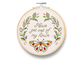 FUNATIC Please Get Out of My House Embroidery Kit | Funny Beginner Needle Work Starter Set for Adult | Needlepoint DIY Art and Craft | Cross Stitch Set with Hoop Floss Needles Threader Printed Fabric