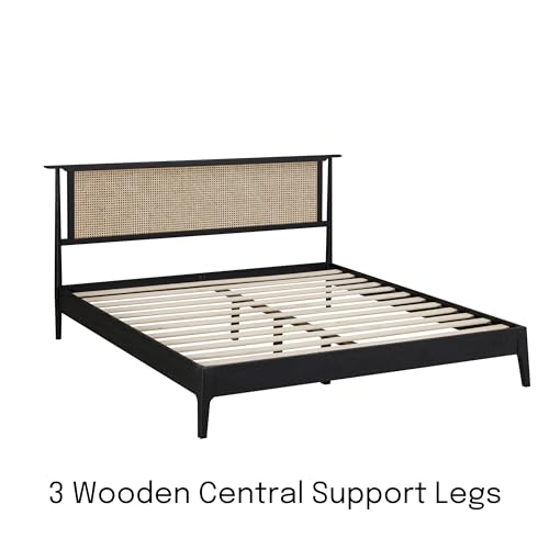 NTC Ruby Burnt Black Wooden Bed Frame with Natural Rattan Headboard, Silent Slats, and Solid Oak Foundation - King Size - WoodArtSupply