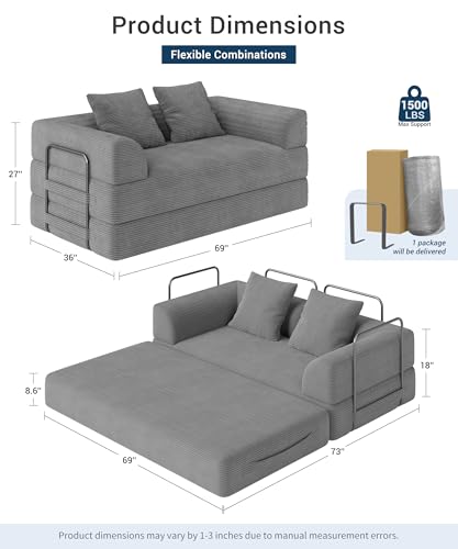 Cloud Boneless Convertible Floor Sofa Bed, 70" 4-in-1 Foldable Compressed Loveseat Lounge Sleeper 2 Seater Couches, High-Density Sponge & Corduroy Fabric Futon Daybed for Living Room Bedroom(Gray) Living&Giving