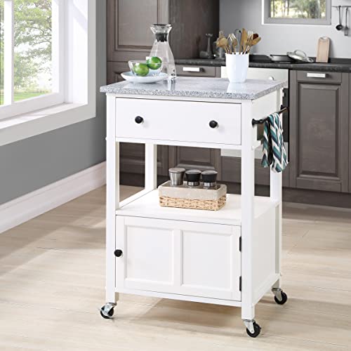 OSP Home Furnishings Fairfax Kitchen Cart with Granite Work Top and Extra Storage Drawer and Cabinet, White