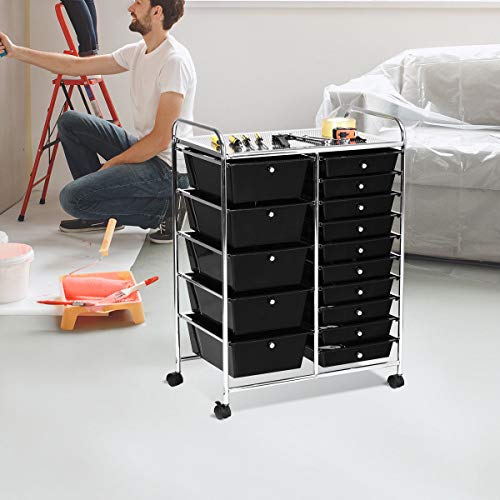 15 Drawer Rolling Storage Cart, Mobile Utility Cart with Lockable Wheels, Drawers, Multipurpose Organizer Cart for Home, Office, School, Black COSTWAY