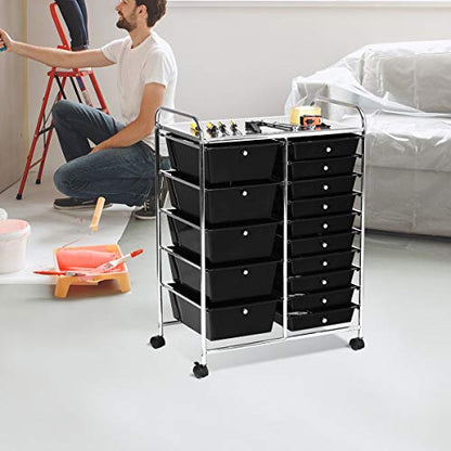 15 Drawer Rolling Storage Cart, Mobile Utility Cart with Lockable Wheels, Drawers, Multipurpose Organizer Cart for Home, Office, School, Black