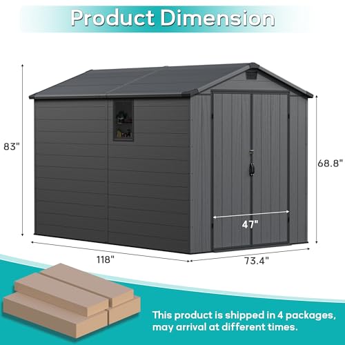 Greesum 6×10FT Plastic Outdoor Storage Shed with Floor, Resin Storaged Sheds with Lockable Double Door, Windows & Vents, All-Weather Tool Sheds for Garden, Backyard, Patio, Dark Gray Greesum