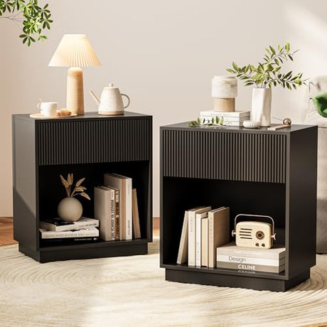 Fluted Nightstands Set of 2, Modern Bedside Table with Drawer and Storage Shelf, Wood End Table Mid Century Night Stands for Bedroom Living Room Sofa Couch Office (Black) INNOD
