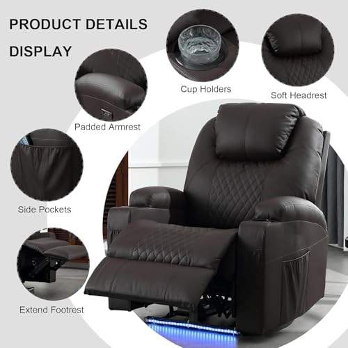 IBTKIG Power Recliner Chair with Massage and Heat, Leather Home Theater Seating with LED Lights/Cup Holders/Side Pocket/USB Port, Reclining Sofa Chair for Living Room (1, Brown)