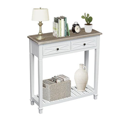 kinbor Entryway Table - White Console Table with 2 Drawers, Narrow Small Console Table with Storage Shelf for Entryway, Living Room, Hallway, White