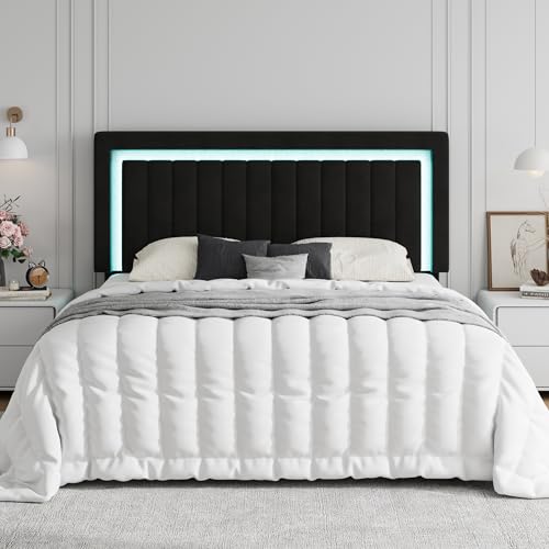 SHA CERLIN King Size Velvet Bed Frame with LED Light, Adjustable Vertical Channel Tufted Headboard, Strong Wooden Slats Support, Noise-Free, No Box Spring Needed, Black SHA CERLIN