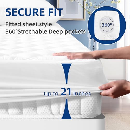 MEELUS Padded Queen Mattress Protector, Breathable Waterproof Mattress Pad Cover Fitted Deep Pocket 8"-21", Soft Noiseless Mattress Cover Washable Cooling for Home Hotel Bedroom, White MEELUS