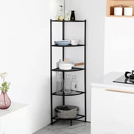 Kimzda 5-Tier Corner Shelf Stand Metal Wire Corner Shelving Display Unit Storage Furniture Multipurpose Space Saving Storage Rack for Living Room, Office, Kitchen, Black KIMZDA