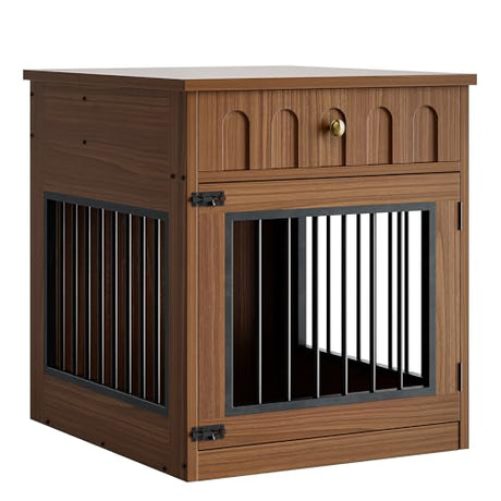 IRONCK Dog Crate Furniture, Wooden Dog Crate with Drawer and Flip-Top Storage, Indoor Dog House End Table for Small Breeds, for Living Room, Bedroom, Walnut IRONCK