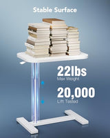 HUANUO 28Inch Bedside Table with Wheels, Height-Adjustable Rolling Computer Cart, Overbed Table with Cup Holder, Pneumatic Laptop Standing Desk for Home Office, White HUANUO