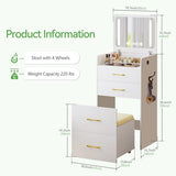 HNEBC 3 in 1 Vanity Desk with Plip Top LED Mirror,Small Dressing Table Set with Visible Glass Desktop,Compact Vanity with 3 Drawers,Storage Compartment and Padded Stool,for Bedroom(White) HNEBC