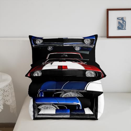 Classic Race Car Comforter Set - Retro Vehicles Theme Bedding with 1 Comforter and 1 Pillow Case - Twin Size Erosebridal