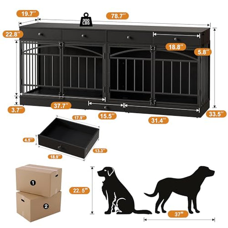 GarveeHome Dog Crate Furniture for 2 Dogs, Dog Kennel Indoor with 4 Storage Drawers and Feeding Bowls, Double Dog Crate TV Stand for Small Medium Dogs, Black GarveeHome
