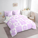 Feelyou Cute Flowers Checked Comforter Set Full 7 PCS Purple White Plaid Bedding Set for Kids Boys Girls Geometric Bed in a Bag with Comforter, Sheets, Pillowcases, Cushion Covers Bedroom Decor Feelyou