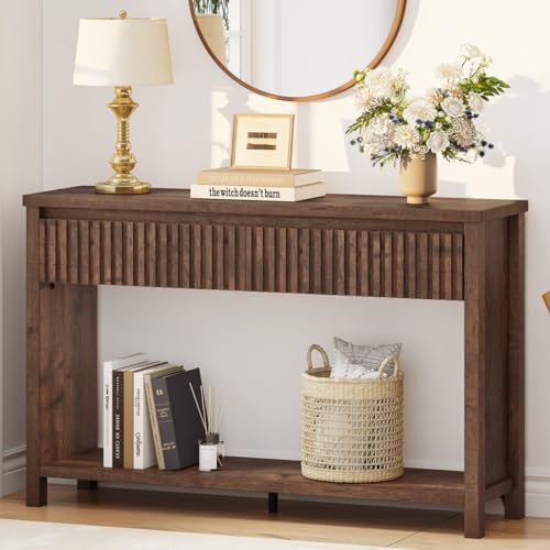 BON AUGURE Console Table with 2 Drawers, 47In Entryway Table with Storage, Sofa Tables with Two-Tier Shelf, Narrow Farmhouse Fluted Couch Tables for Living Room, Rustic Oak BON AUGURE